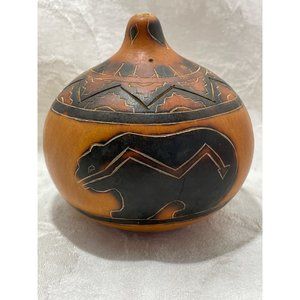 Gourd Trinket Box Bowl Bear Wood Burned Design Trees Nature 3.5”x3.5”